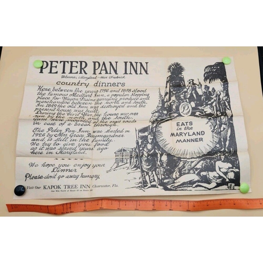 Vintage Peter Pan Inn Restaurant Placemat 1950s or 60s Urbana, Maryland